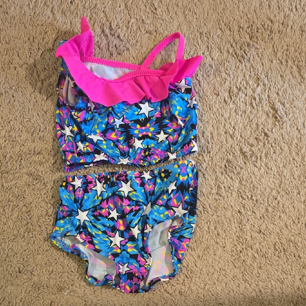 Colorful Star Print Swimsuit with Pink Ruffle